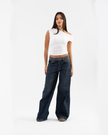 Wide-Leg Blue Denim Jeans with Tweed Waistband Detail