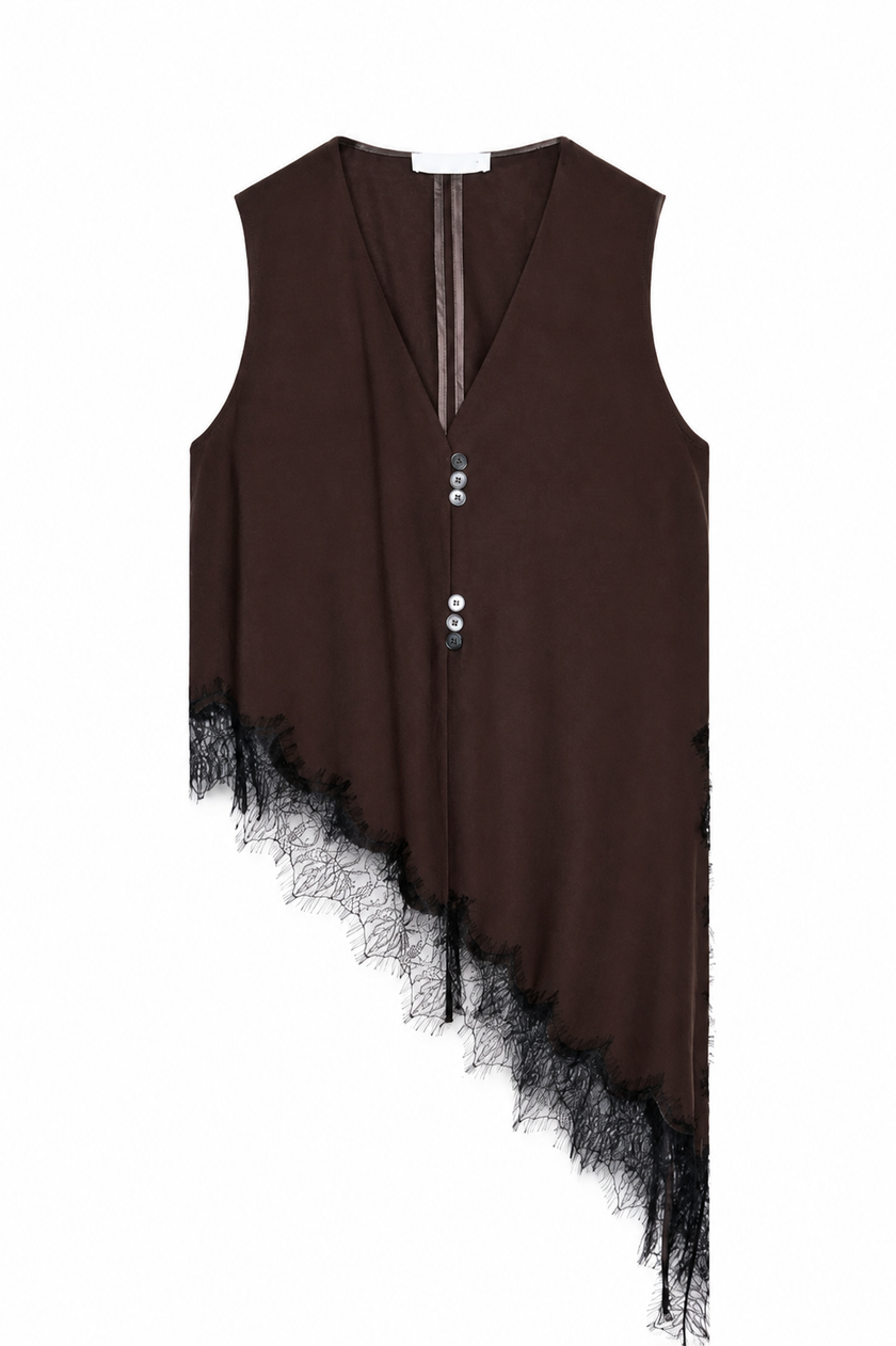 Brown V-Neck Asymmetric top with Lace Trim