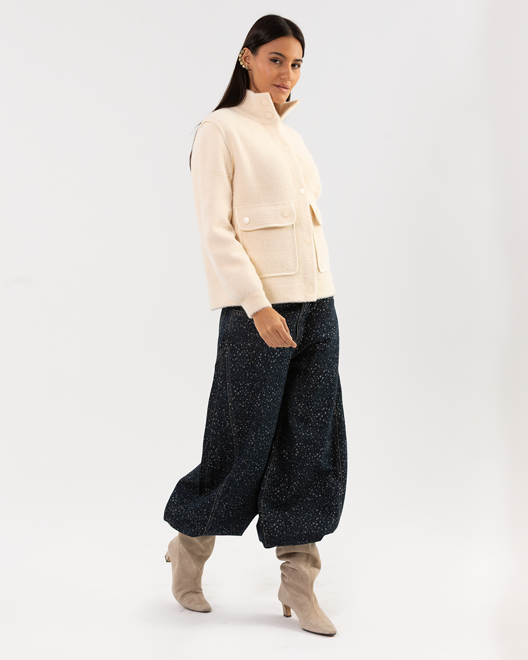 Cream Boucle Jacket with Oversized Flap Pockets