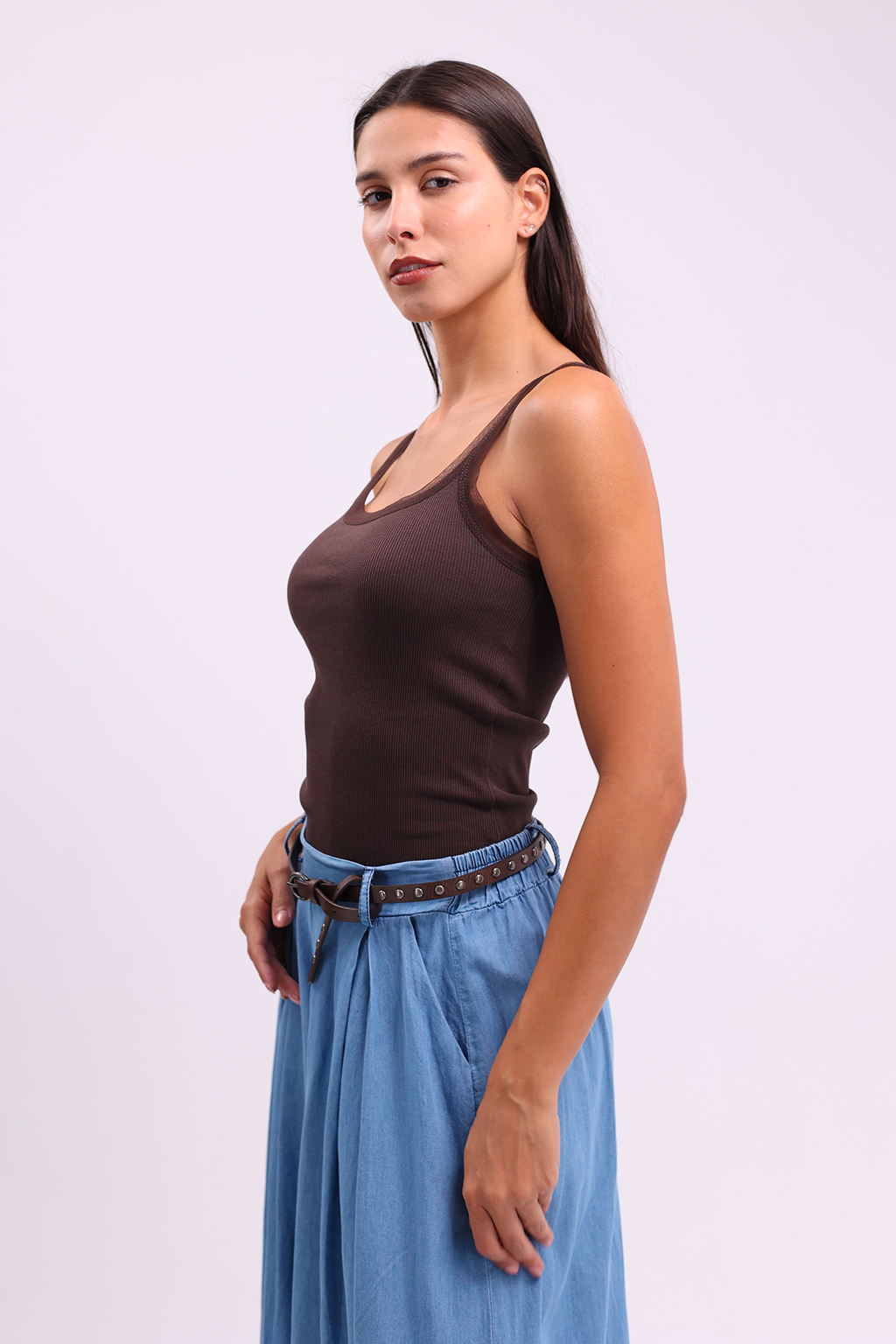 Brown Sheer Trim Tank Top