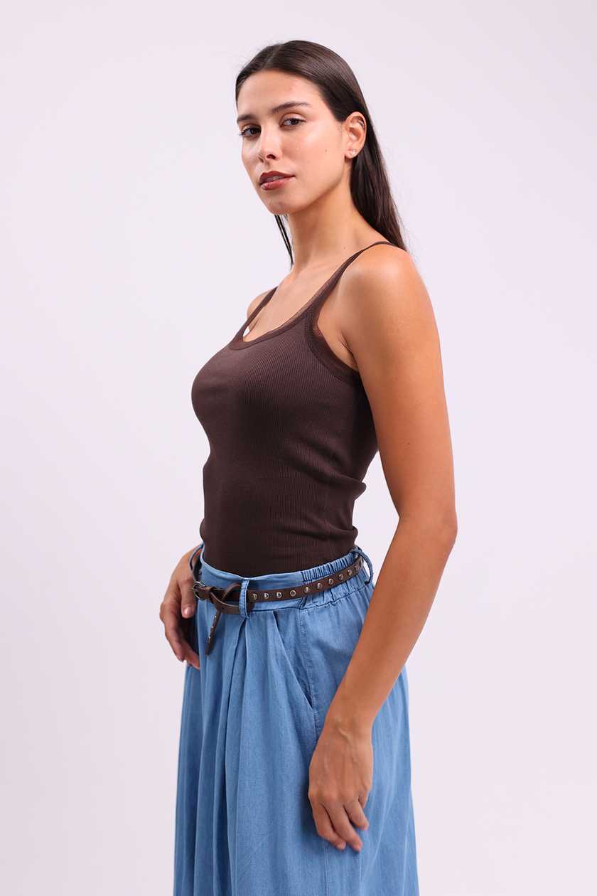 Brown Sheer Trim Tank Top