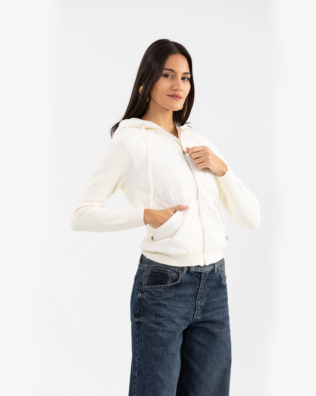 Ivory Quilted Zip-Up Jacket