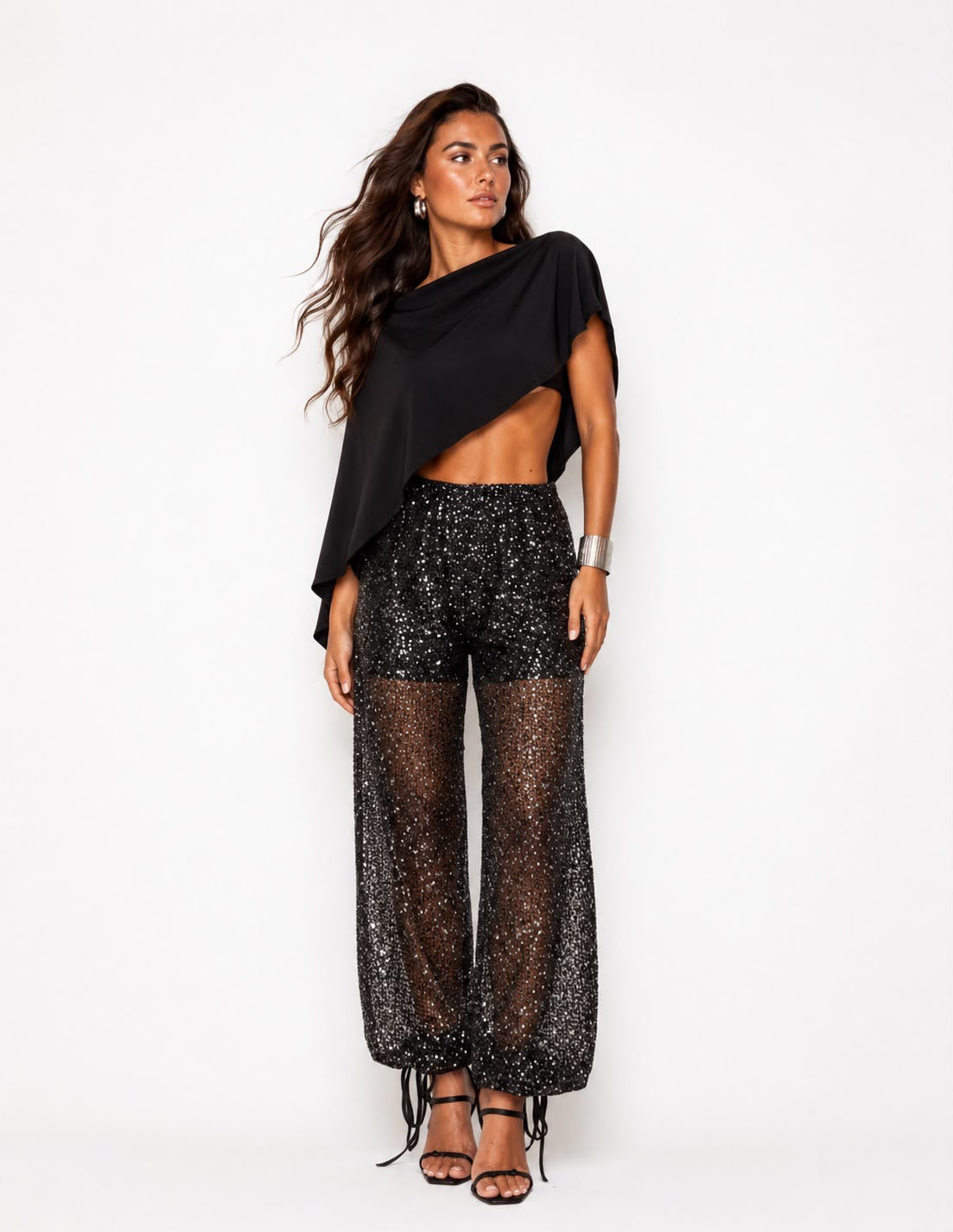 Black Sheer Sequin Wide Leg - Ankle Tie Pants