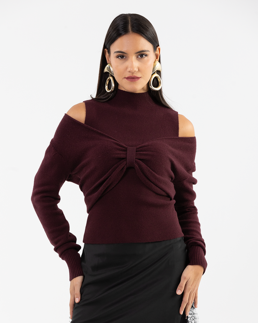 Burgundy Bow Layered Two-Piece Knit Pullover