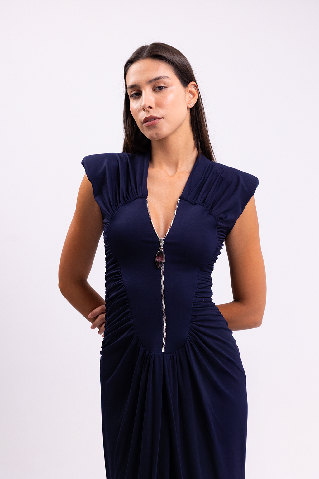 Ruched Deep V-Neck Maxi Dress