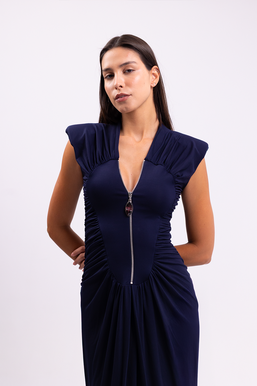 Ruched Deep V-Neck Maxi Dress