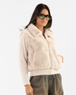 Cream Zip-up Jacket with Faux Fur Collar and Ribbed Knit Sleeves