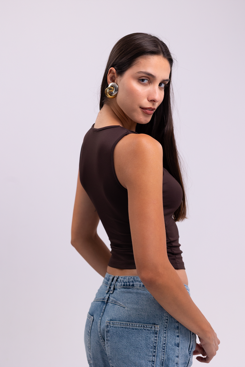 Brown Asymmetrical Top with Gold Clip Detail