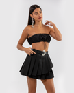 Black Pleated Mini Skort with Asymmetric Layered Design with Black Belt