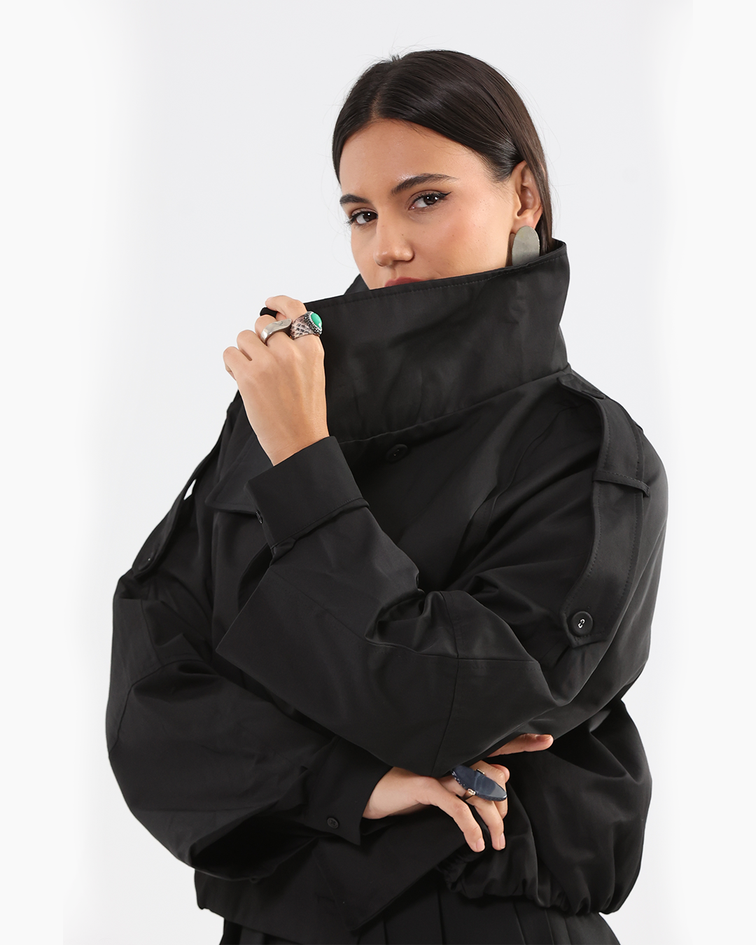 Sculpted High-Collar Black Jacket