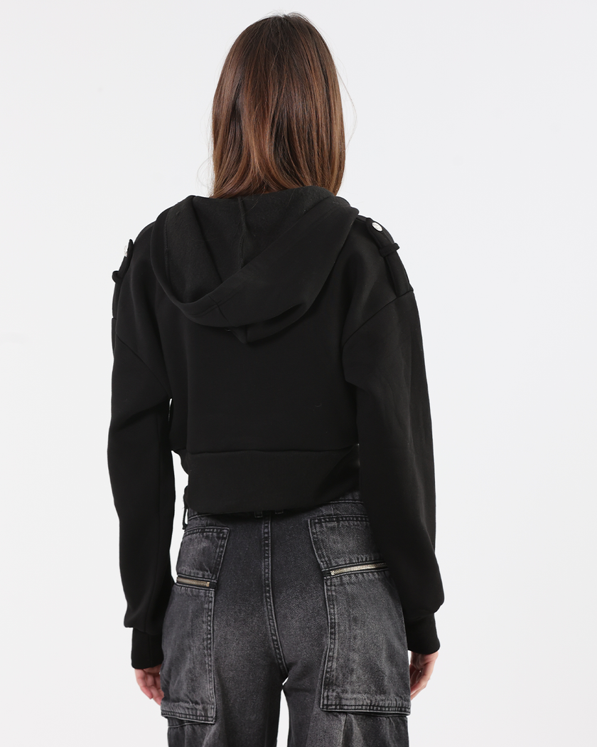 Black Zip Hoodie with Silver Decorative Buttons