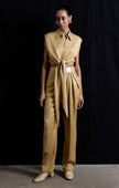 Tie Front Linen Blend Camel Vest