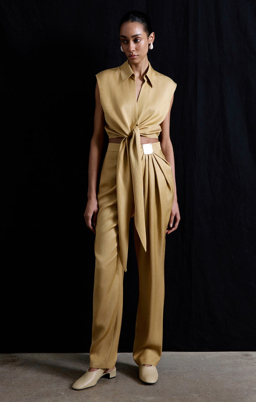 Tie Front Linen Blend Camel Vest
