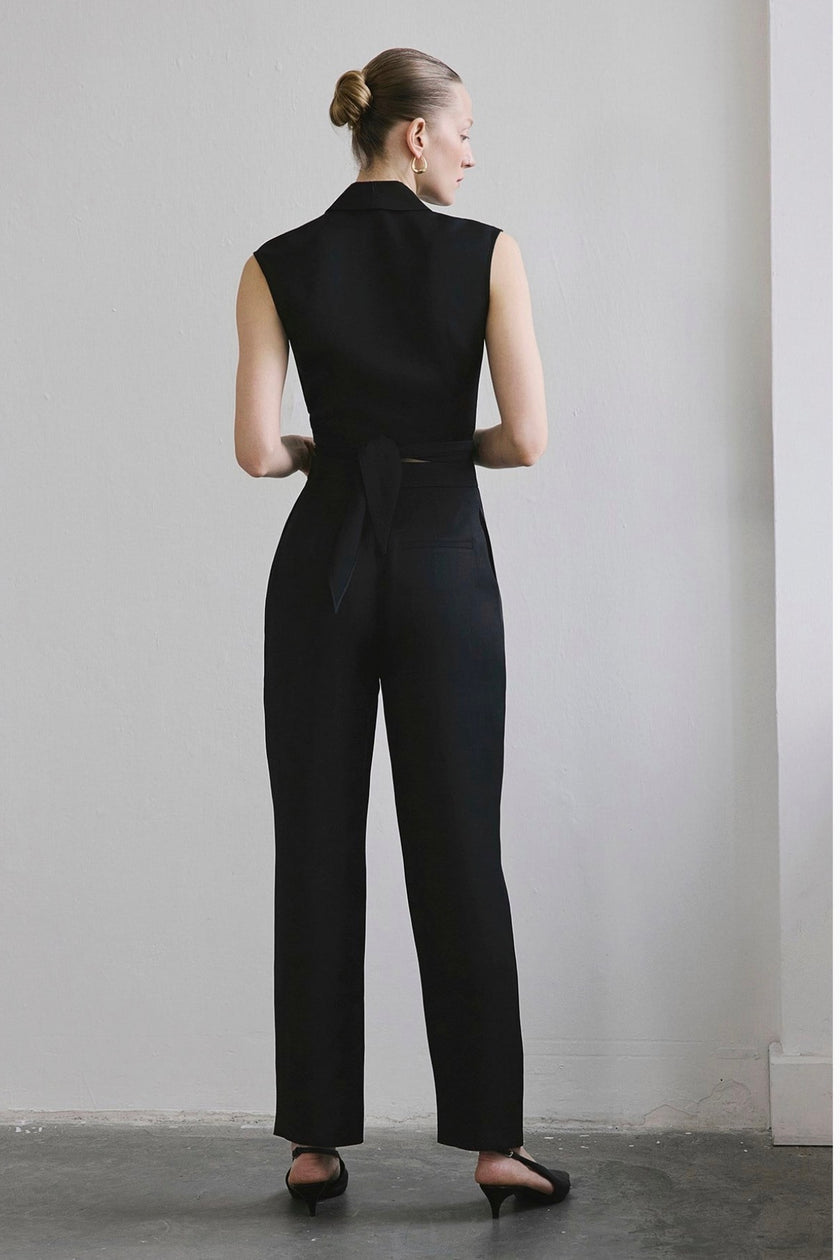 Front Pleated Linen Blend Black Trousers