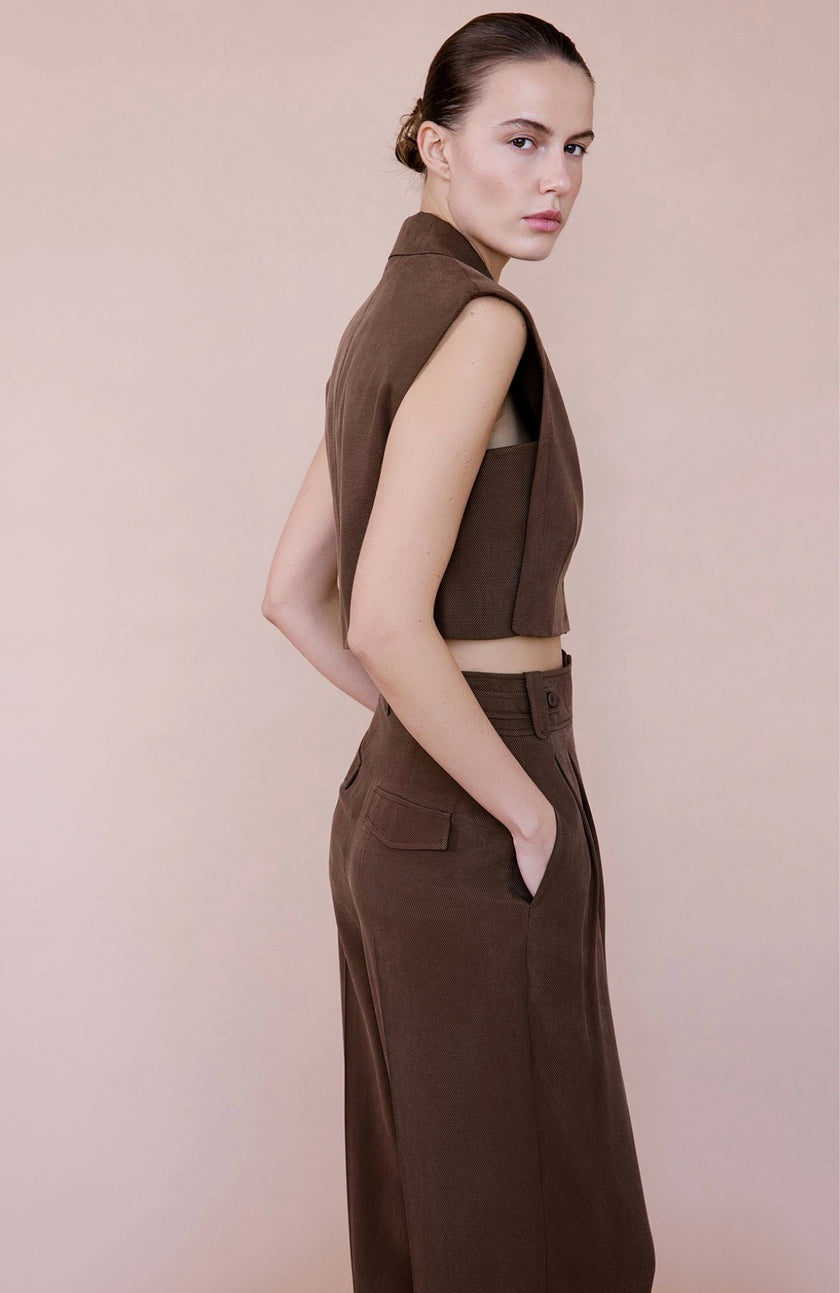 Blazer Collar Padded Crop Brown Vest