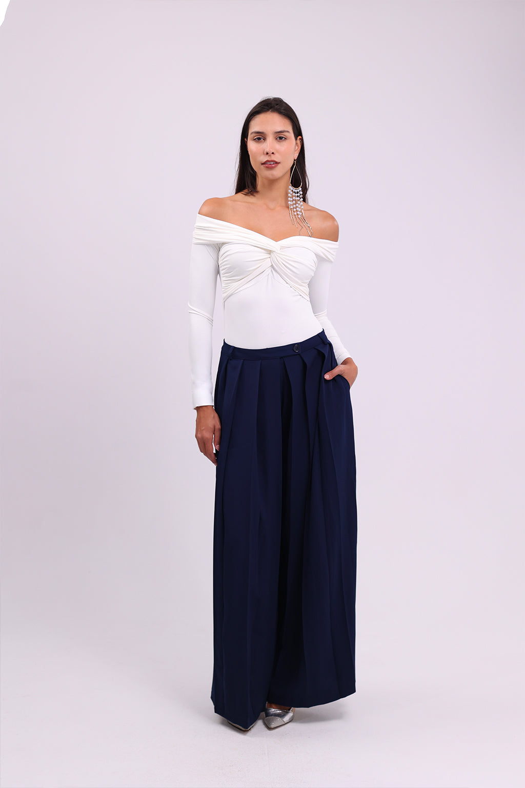 Navy Pleated Palazzo Pants