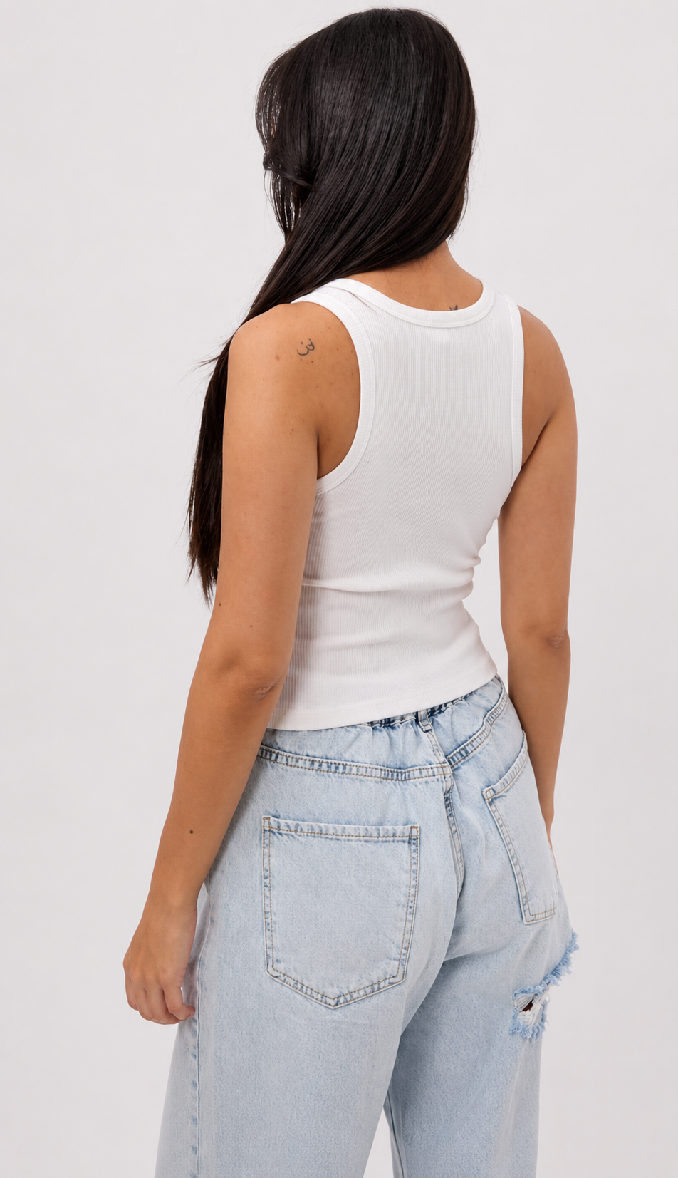 White Ribbed Top with Metal Button Detail