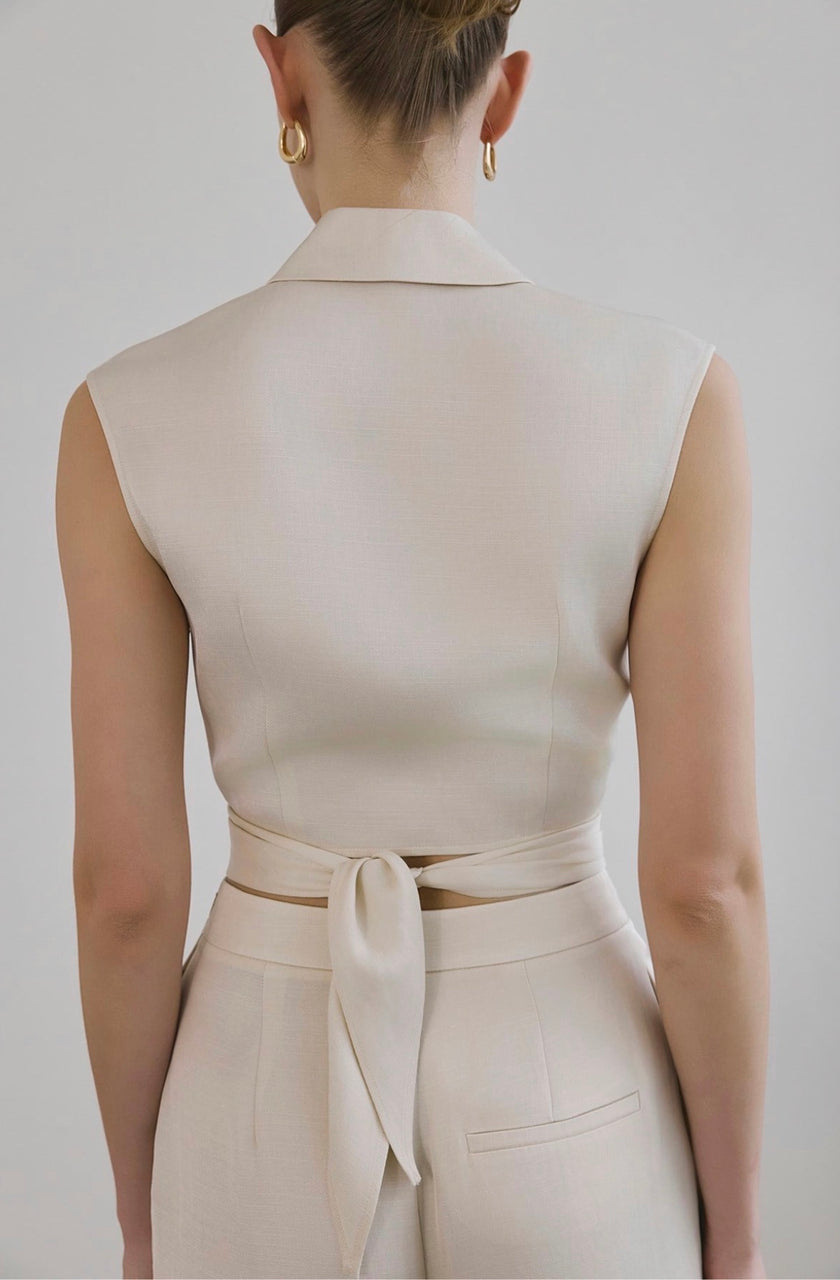 Tie Front Linen Blend Ecru Vest