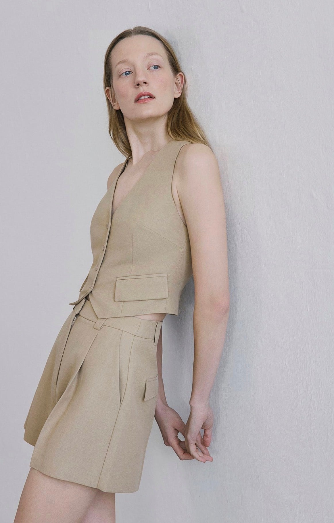 Linen Blend Belted Mini Camel Shorts
