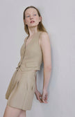 Linen Blend Belted Mini Camel Shorts