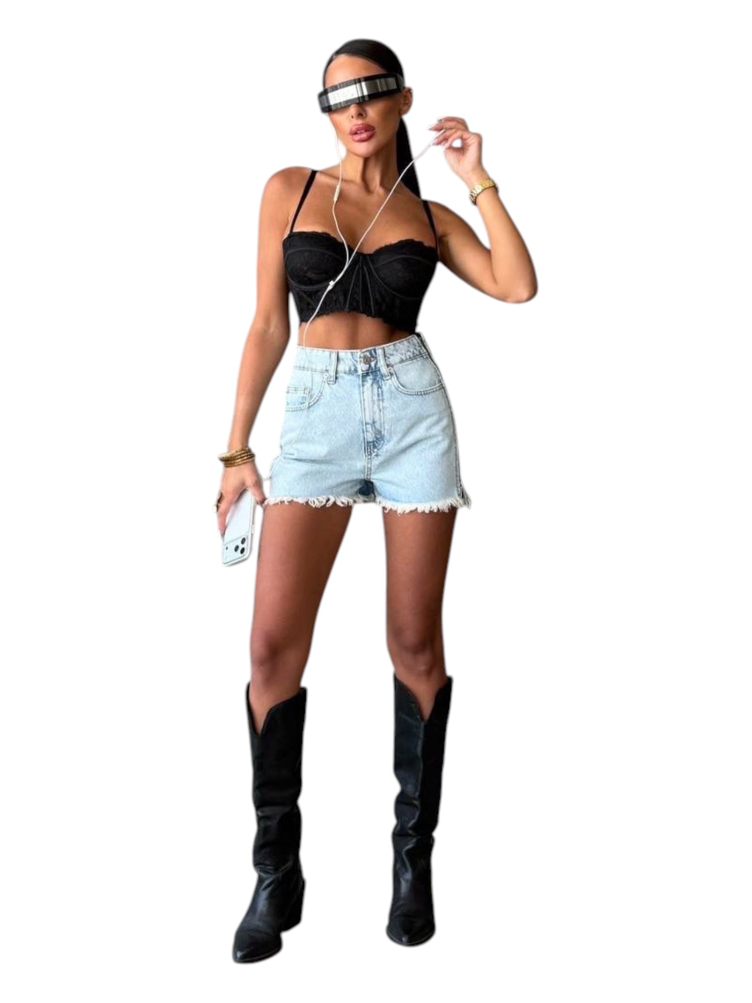 Light Wash-Denim Shorts with One Side Zip Detail