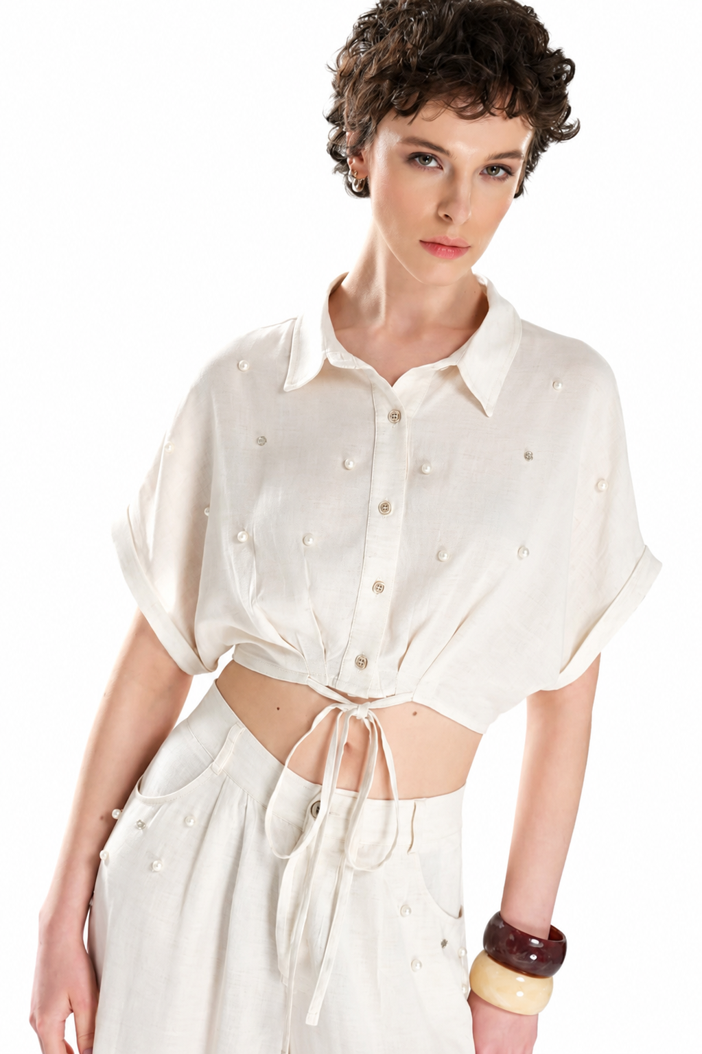 Crop Linen Shirt with Pearl and Stone Detail