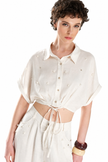 Crop Linen Shirt with Pearl and Stone Detail