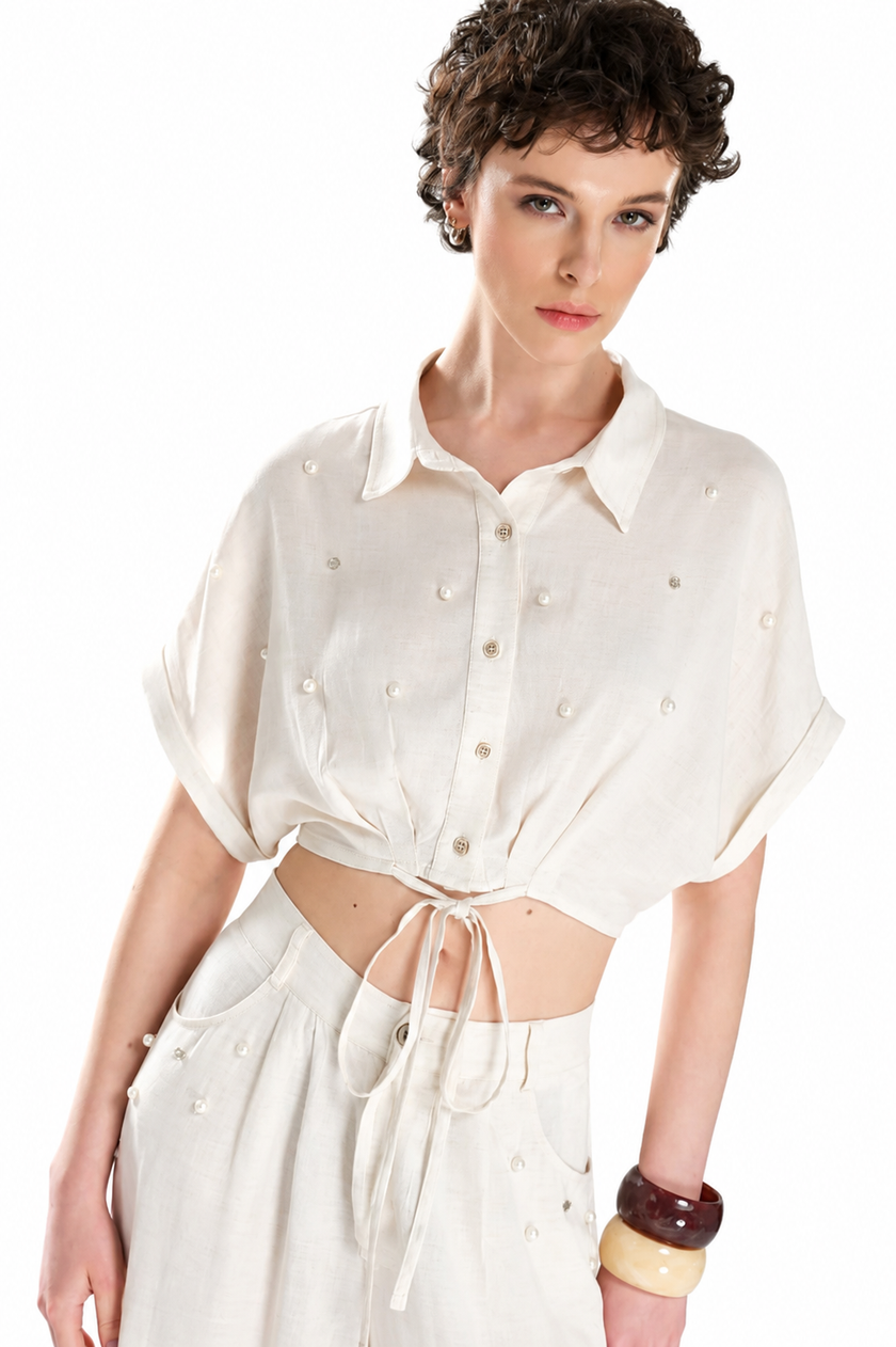Crop Linen Shirt with Pearl and Stone Detail
