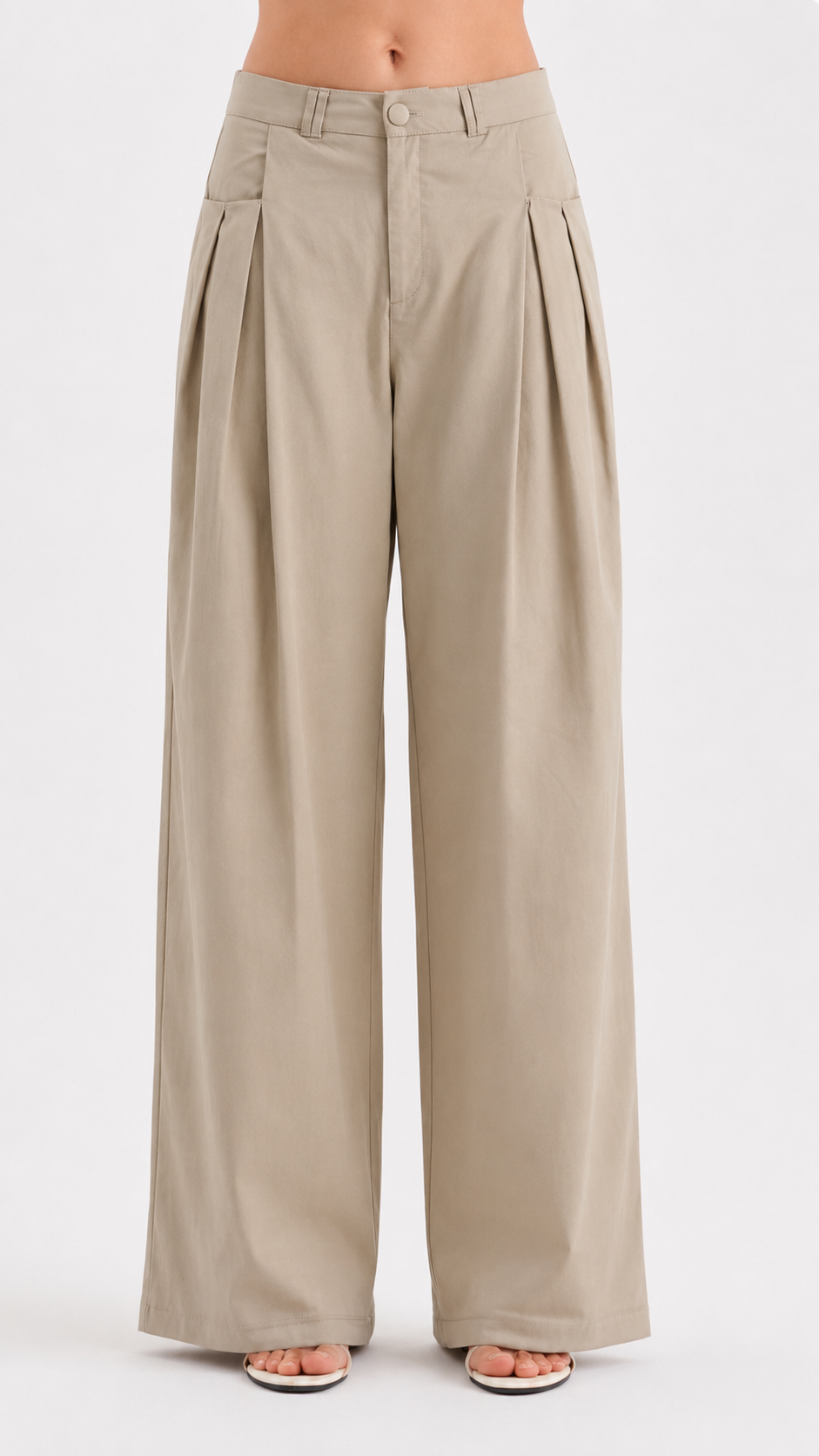 Wide Leg Trousers in Beige with Pleat Detail