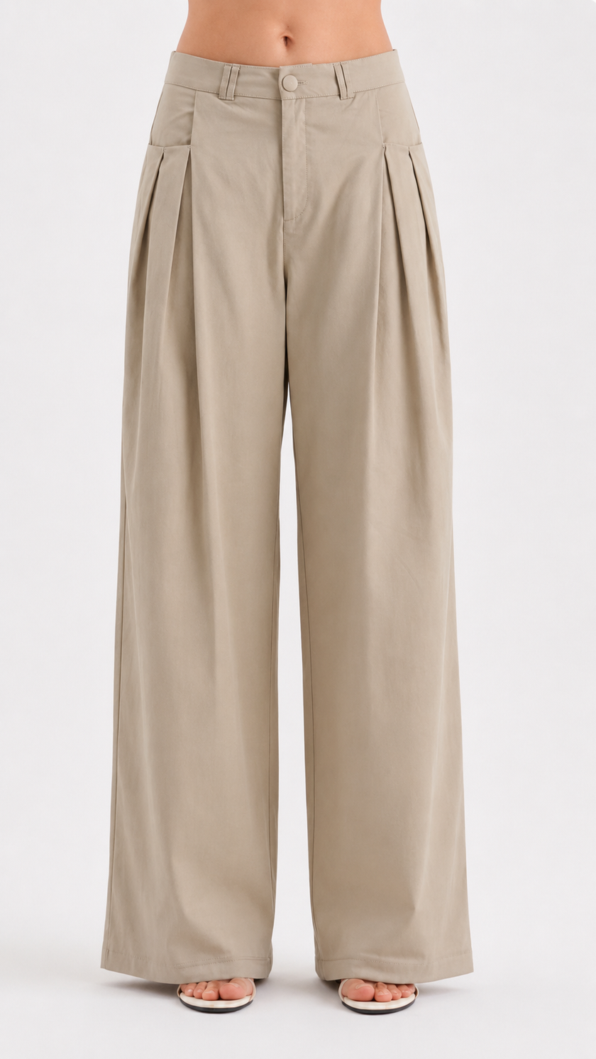 Wide Leg Trousers in Beige with Pleat Detail