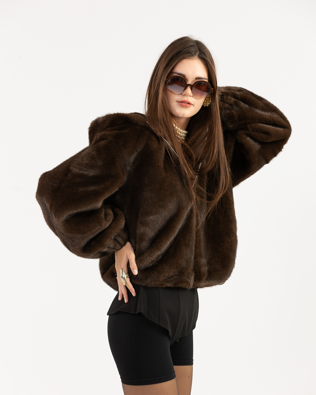 Brown Hooded Faux-Fur Jacket with Zip-Up Front