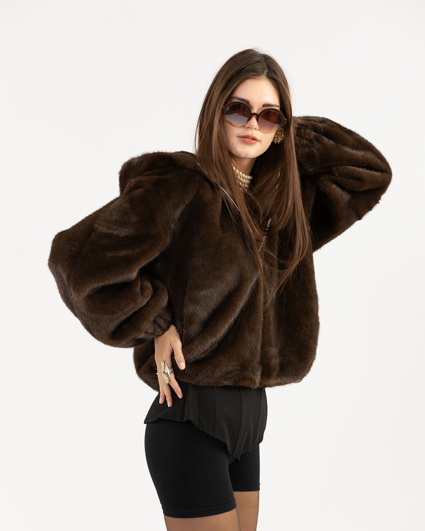 Brown Hooded Faux-Fur Jacket with Zip-Up Front