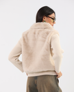 Cream Zip-up Jacket with Faux Fur Collar and Ribbed Knit Sleeves