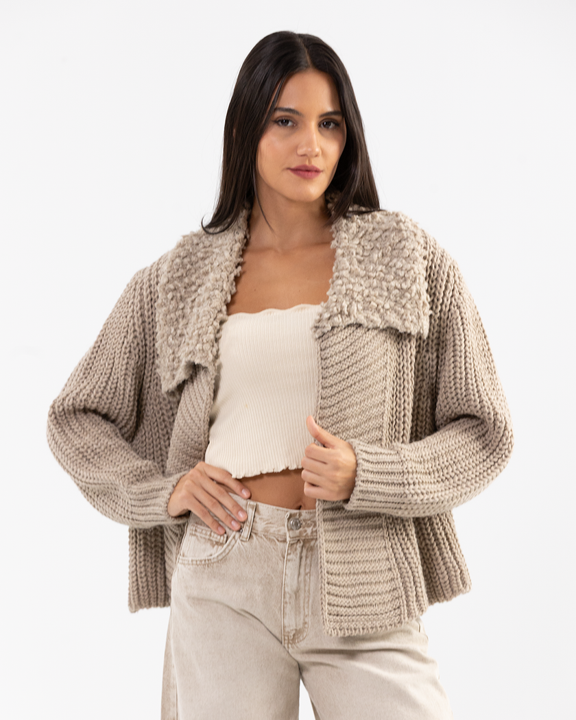 Beige Textured Knot Cardigan