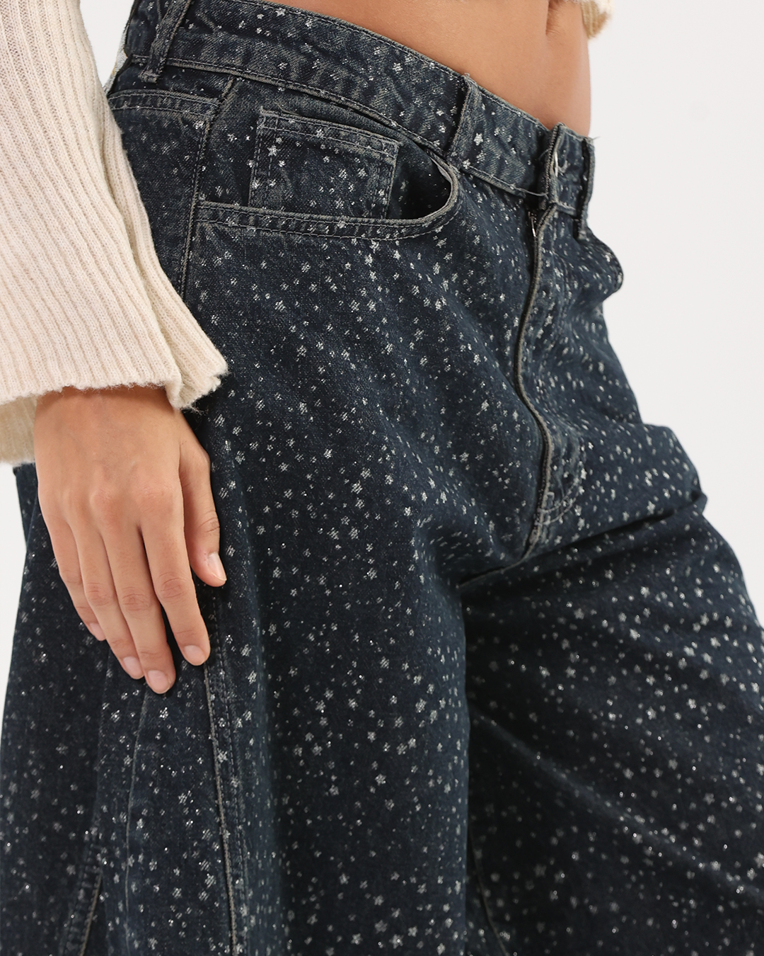 Dark Baggy Wide-Leg Barrel Jeans with Sparkle Effect