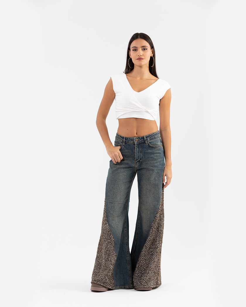 Two Tone Wide-Leg Jeans