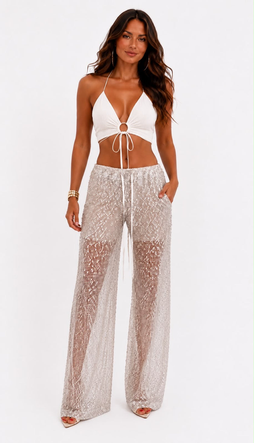 Champagne Sheer Sequin Wide Leg - Ankle Tie Pants