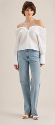 White Blouse with Rhinestone-Studded Sheer Mesh Panel