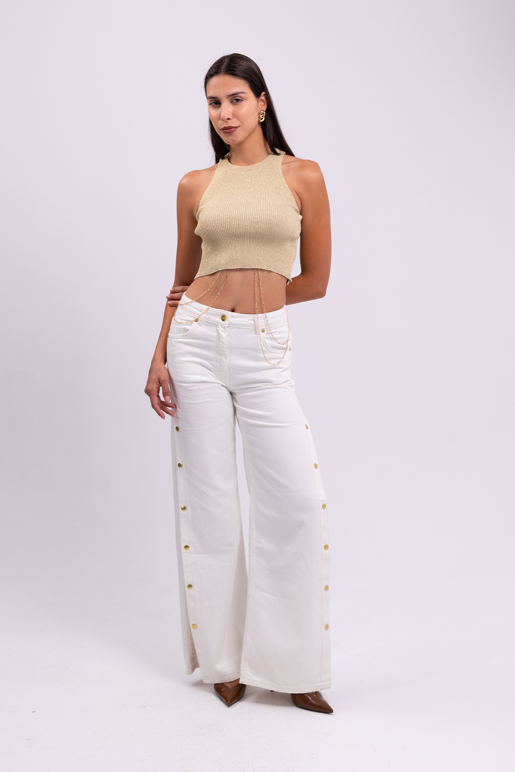 Wide-Leg Denim with Side Slit Gold Buttons