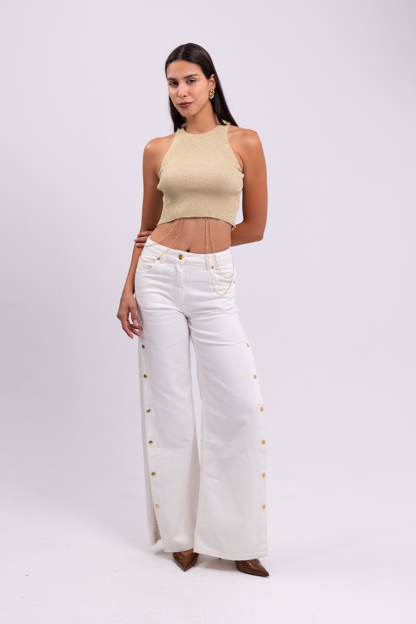 Wide-Leg Denim with Side Slit Gold Buttons