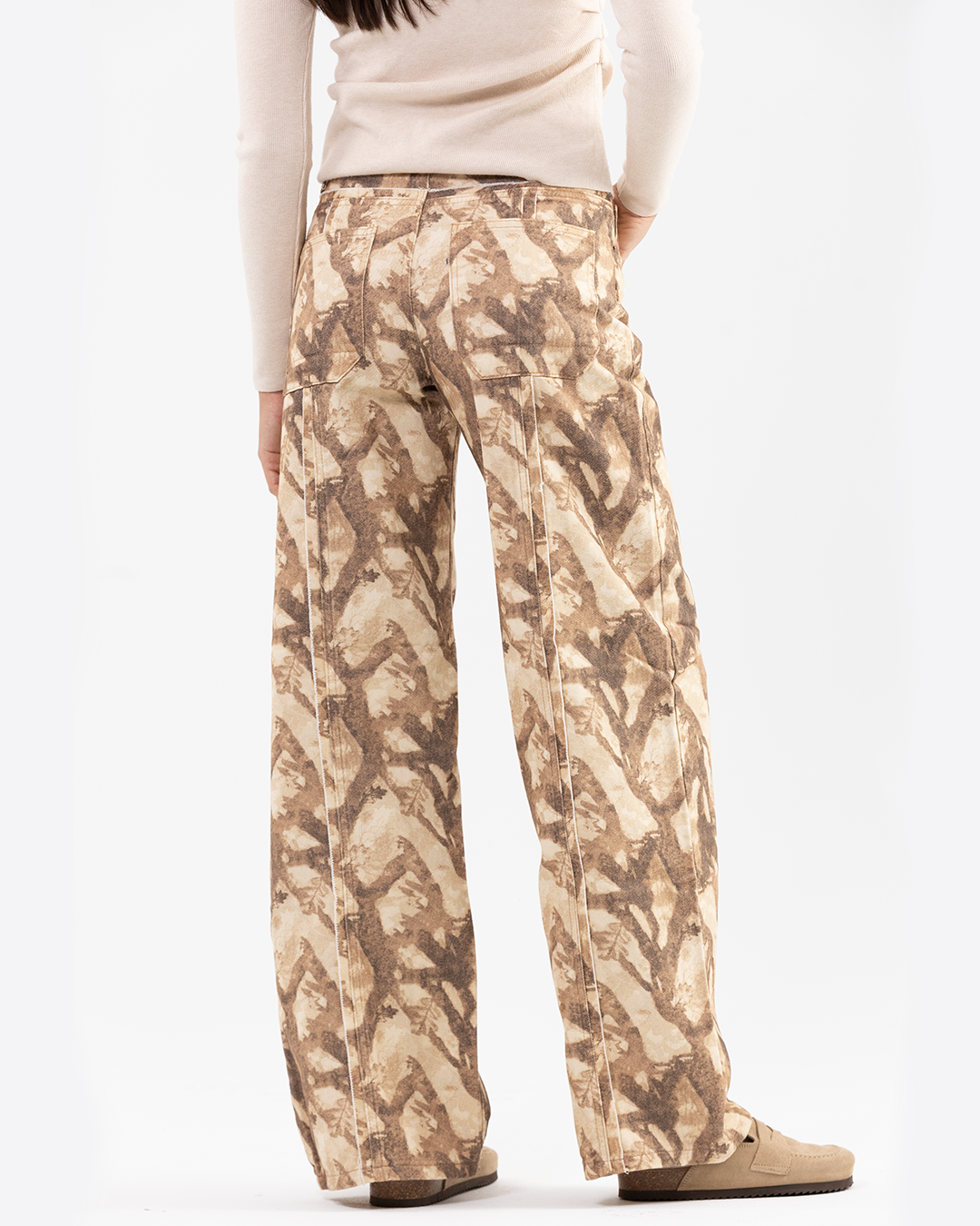 Wide-Leg Fit with an Abstract Brown & Tan Pattern Print Denim