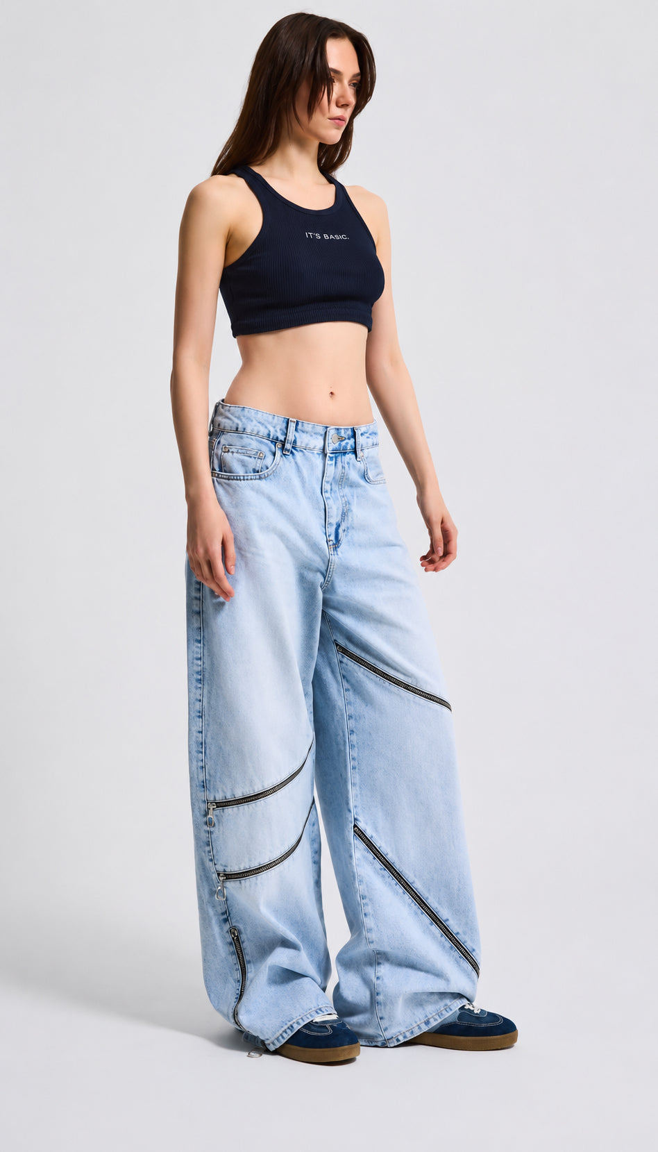 Raw Cut Light Blue Denim with Zipper Details