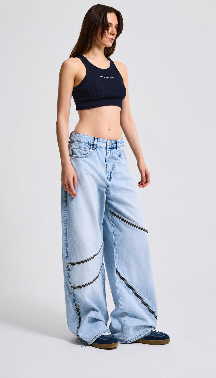 Raw Cut Light Blue Denim with Zipper Details