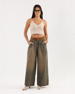 Vintage-Wash Brown Denim Pants with Brown Waistband