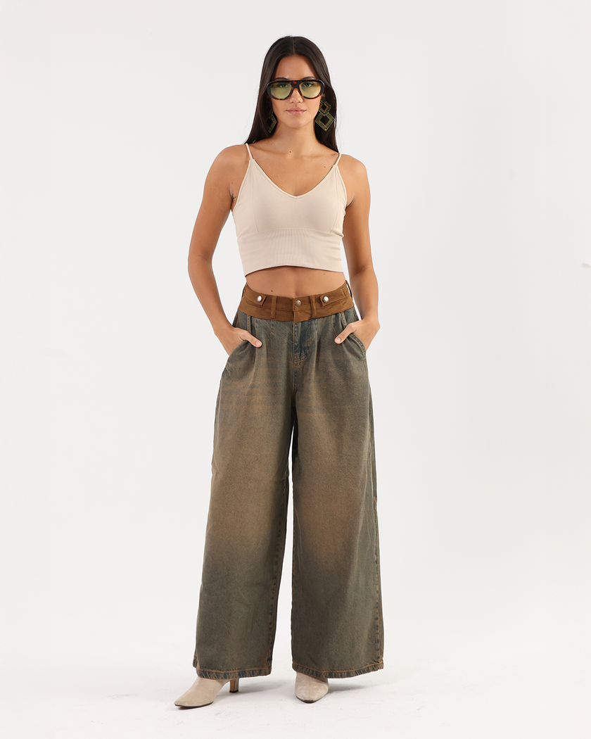 Vintage-Wash Brown Denim Pants with Brown Waistband