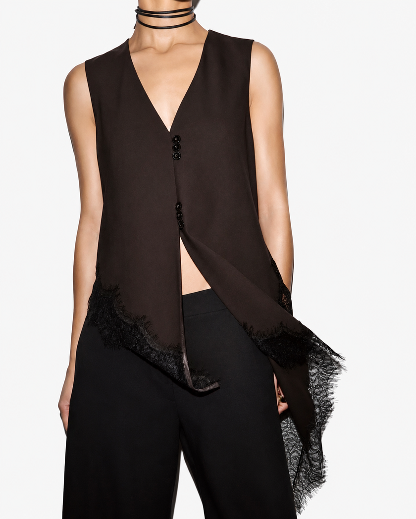 Brown V-Neck Asymmetric top with Lace Trim