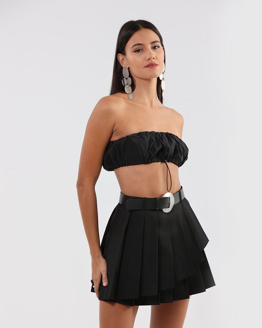 Black Pleated Mini Skort with Asymmetric Layered Design with Black Belt