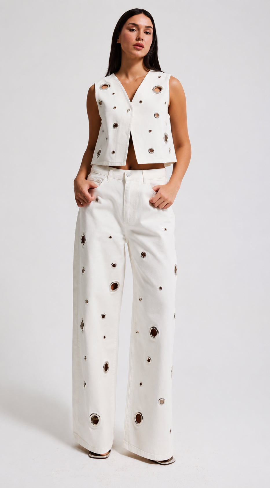 White Denim Vest with Eyelet Detail
