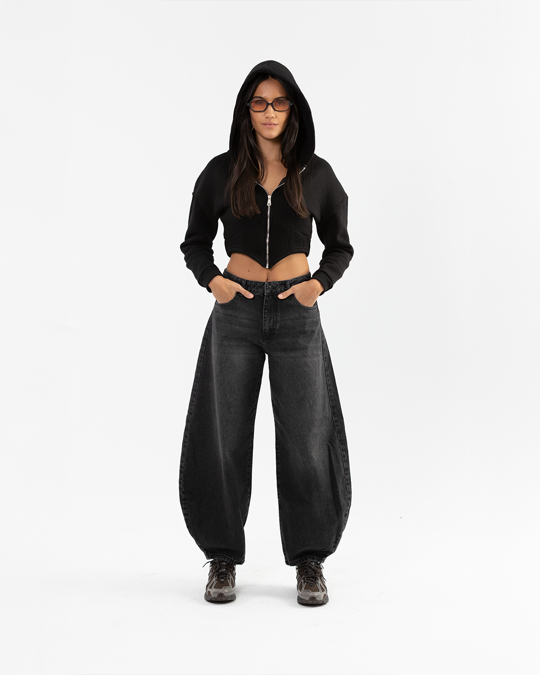 Cropped Black Corset Style Zip-up Hoodie