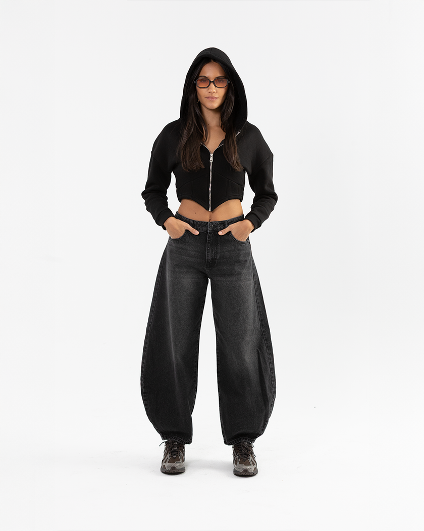 Cropped Black Corset Style Zip-up Hoodie